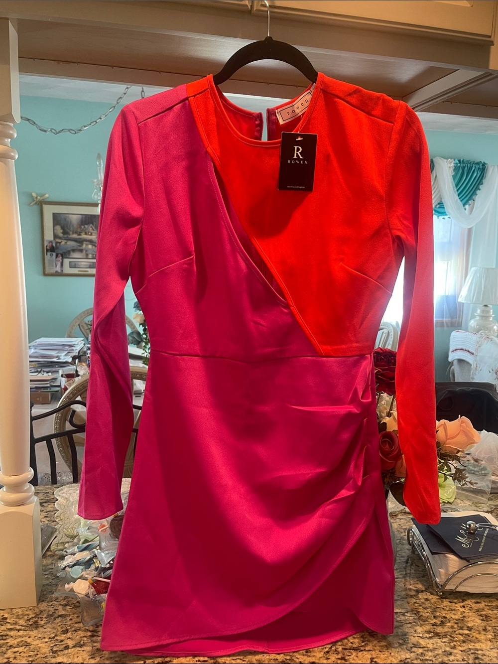 Rowen Red & Pink Long-Sleeve Wrap Mini Dress